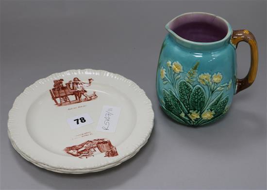 A Victorian Wedgwood Majolica jug, and a set of three plates printed with the Cries of London, jug 13cm (a.f.)
